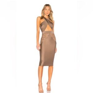 Michael Costello Phillip Midi Dress Taupe Bodycon Halter Dress